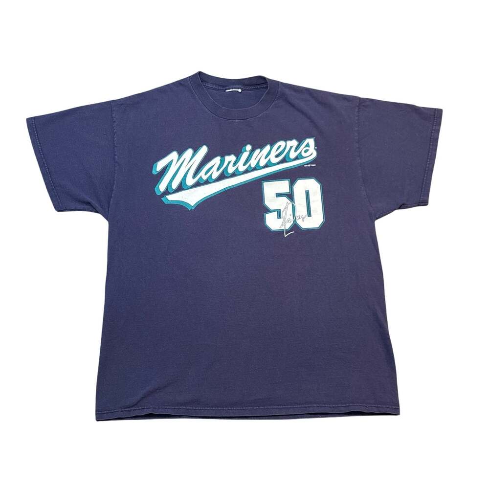 Vtg 2001 Seattle Mariners Jamie Moyer 50 blue Large Shirt Dynasty autograph